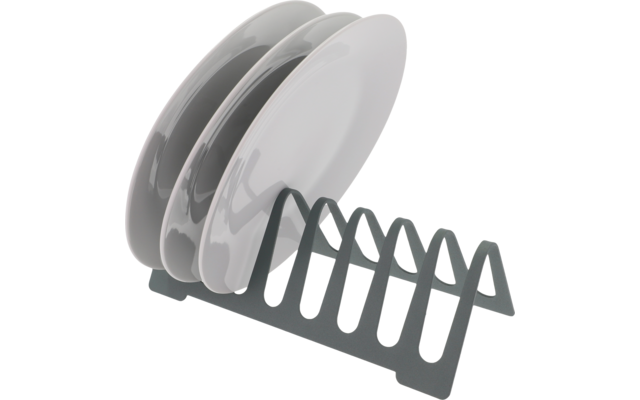 Graues Gestell mit drei stehenden weißen Tellern auf weißem Hintergrund