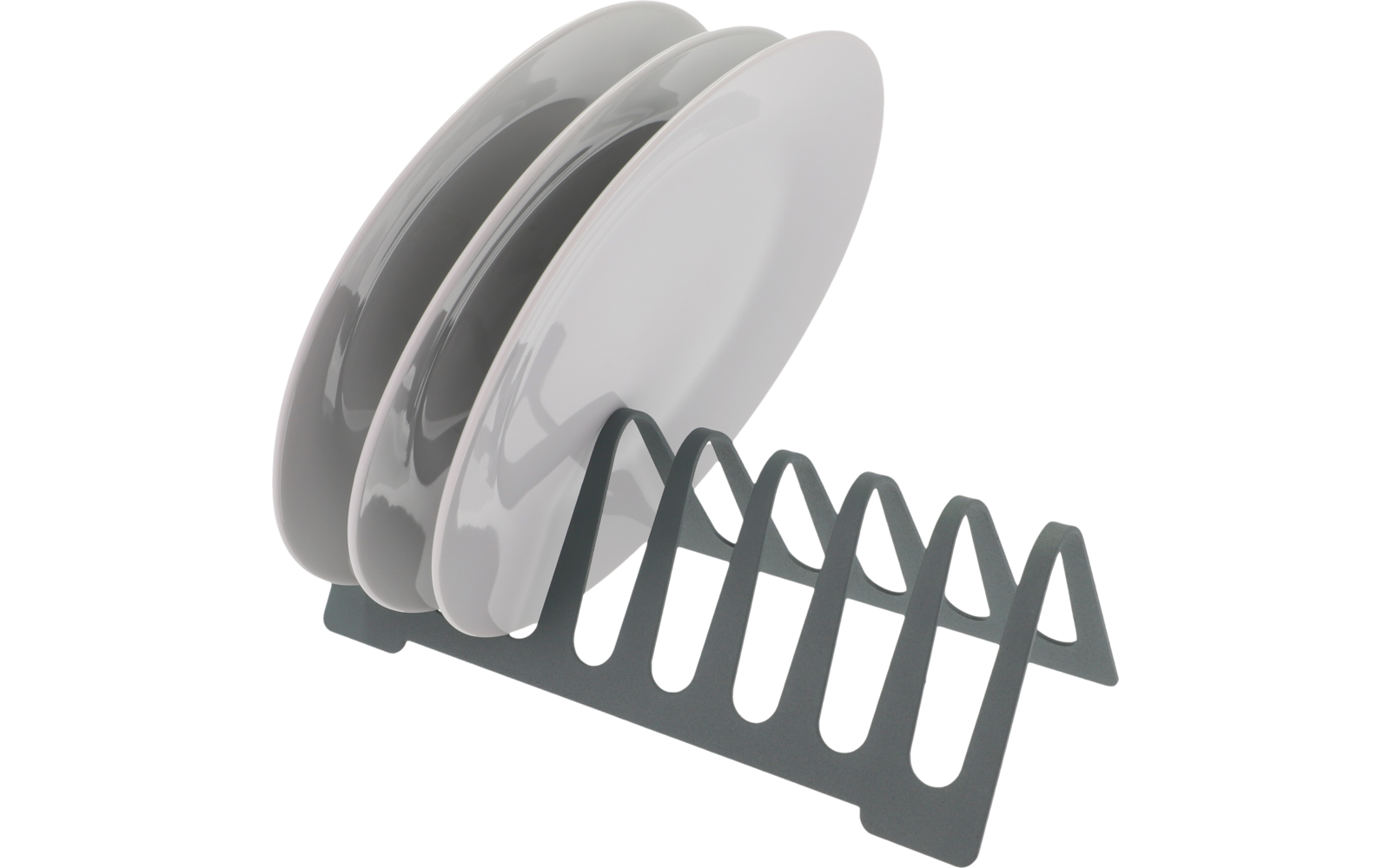 Graues Gestell mit drei stehenden weißen Tellern auf weißem Hintergrund