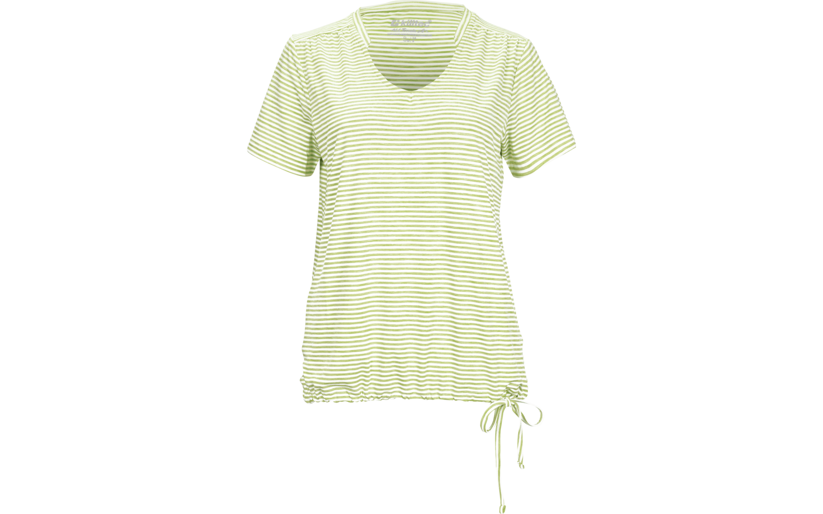 Hellgrün-weiß gestreiftes T-Shirt mit V-Ausschnitt, kurzen Ärmeln und seitlicher Kordel am Saum