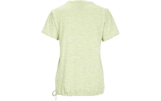 Rückansicht eines kurzärmeligen T-Shirts mit hellgrünen und weißen horizontalen Streifen und Kordel im Saum