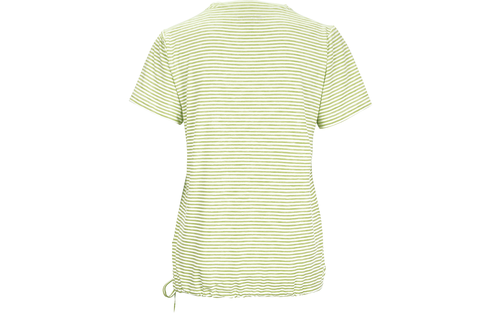 Rückansicht eines kurzärmeligen T-Shirts mit hellgrünen und weißen horizontalen Streifen und Kordel im Saum