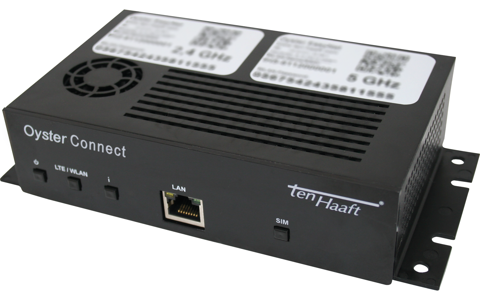 Schwarzes rechteckiges Elektronikgehäuse mit Lüftungsschlitzen, zwei Aufklebern oben, RJ45-Netzwerkanschluss, SIM-Kartensteckplatz, Aufschrift "Oyster Connect"