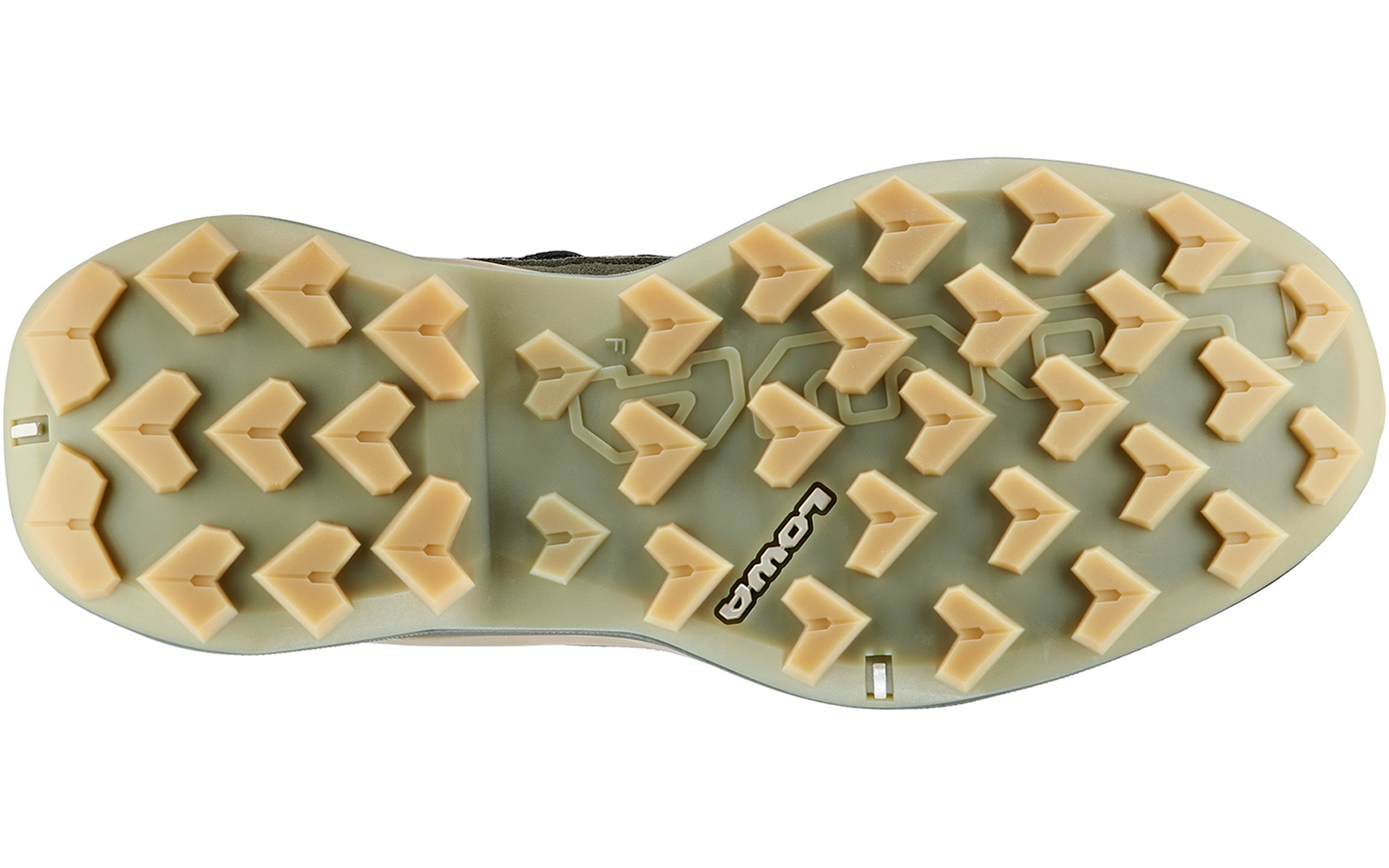 Sohle eines Schuhs mit tiefem Profil und rautenförmigen Stollen