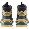 Ansicht der Rückseite von zwei braungrünen Wanderschuhen mit schwarzem und beigefarbenem Einsatz