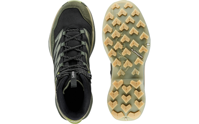 Zwarte en groene wandelschoen met profielzool, boven- en onderaanzicht