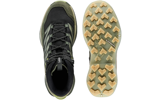 Schwarzer und grüner Wanderschuh mit Profilsohle, Ansicht von oben und unten