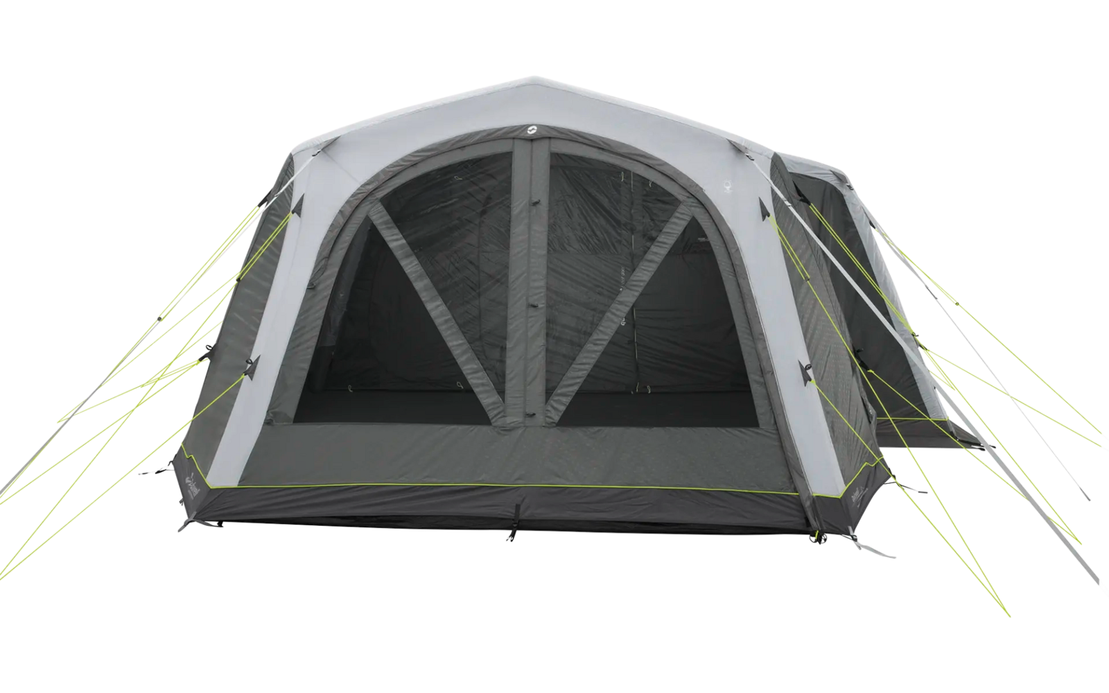 Aufblasbares graues Zelt mit transparenten Fenstern und grünen Heringen auf Rasen