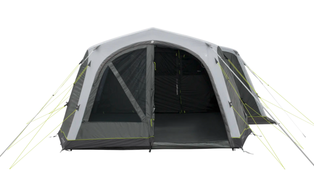 Ein graues Campingzelt mit grünen Abspannleinen, auf einer grünen Wiese