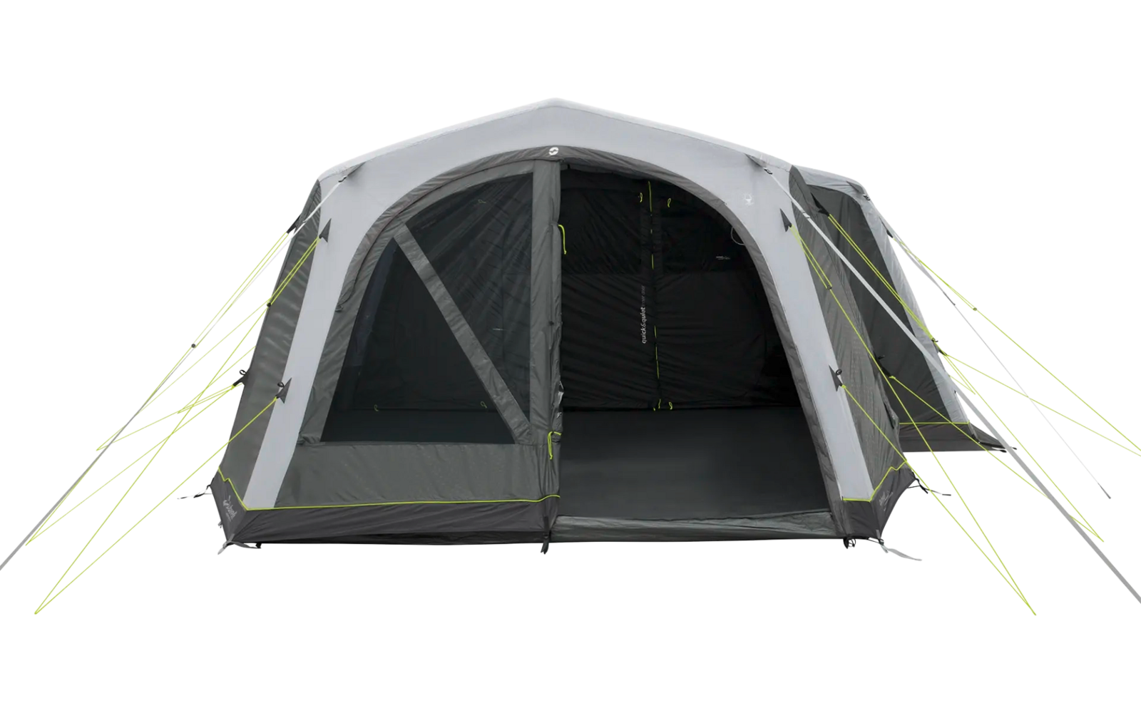 Ein graues Campingzelt mit grünen Abspannleinen, auf einer grünen Wiese