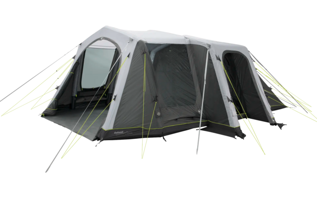 Großes graues und grünes Campingzelt mit mehreren Kammern