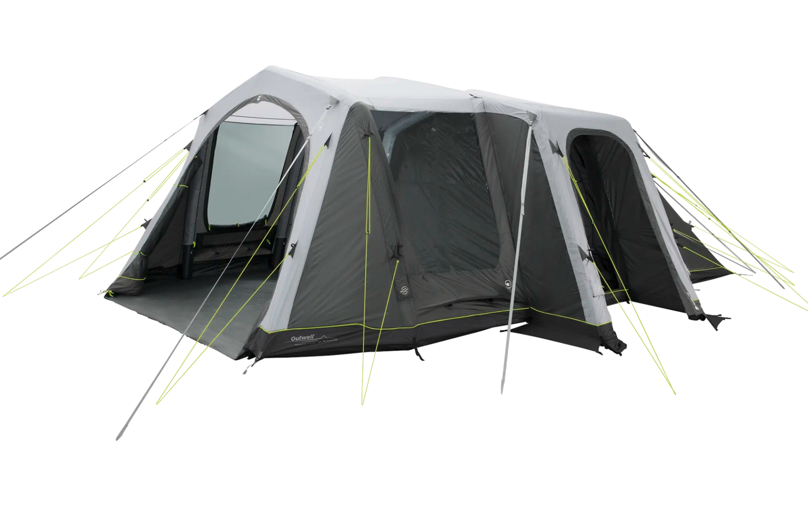 Großes graues und grünes Campingzelt mit mehreren Kammern