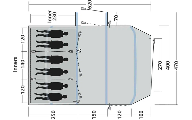 Diagramm eines Fahrzeugs mit Abmessungen und fünf dargestellten Figuren zur Größenveranschaulichung