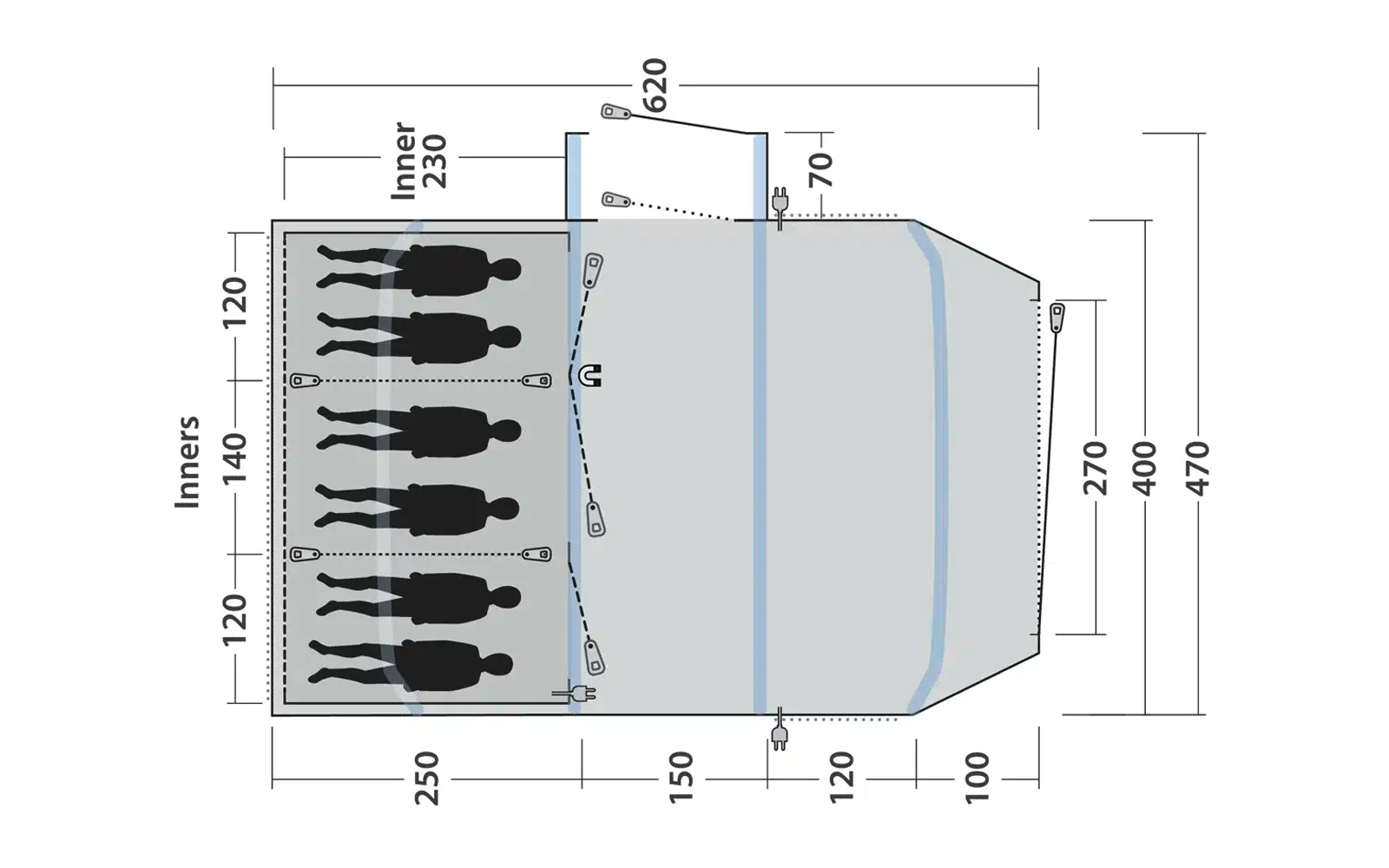 Diagramm eines Fahrzeugs mit Abmessungen und fünf dargestellten Figuren zur Größenveranschaulichung