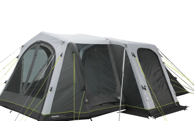 Grande tenda grigia con più ingressi e corde verdi su sfondo bianco