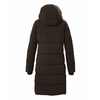 Rückenansicht eines langen dunklen Steppmantels mit Kapuze, horizontalen Nähten und Bündchen an den Ärmeln