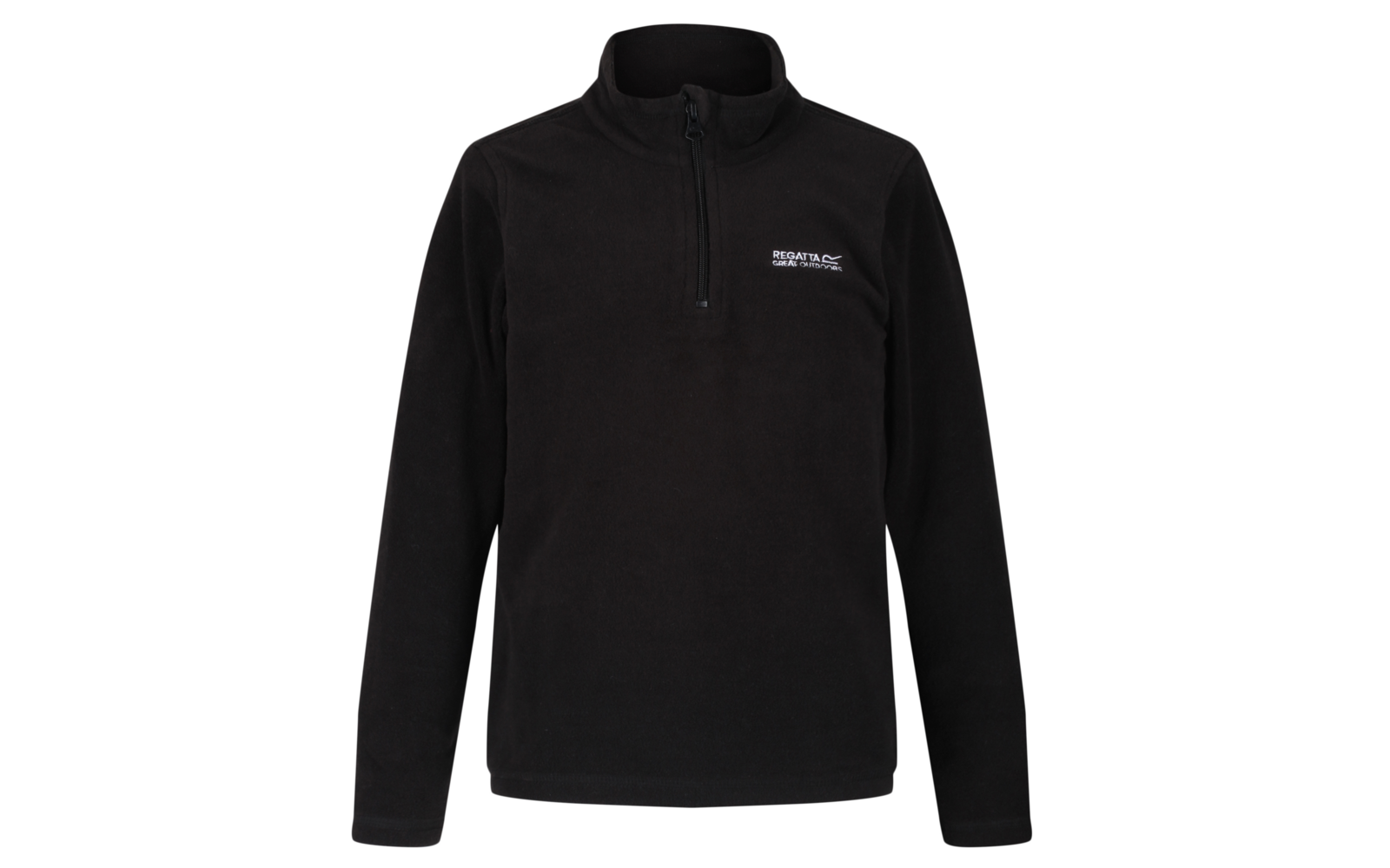 Zwarte fleece trui met halve ritssluiting en klein wit logo op de borst