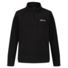Zwarte fleece trui met halve ritssluiting en klein wit logo op de borst