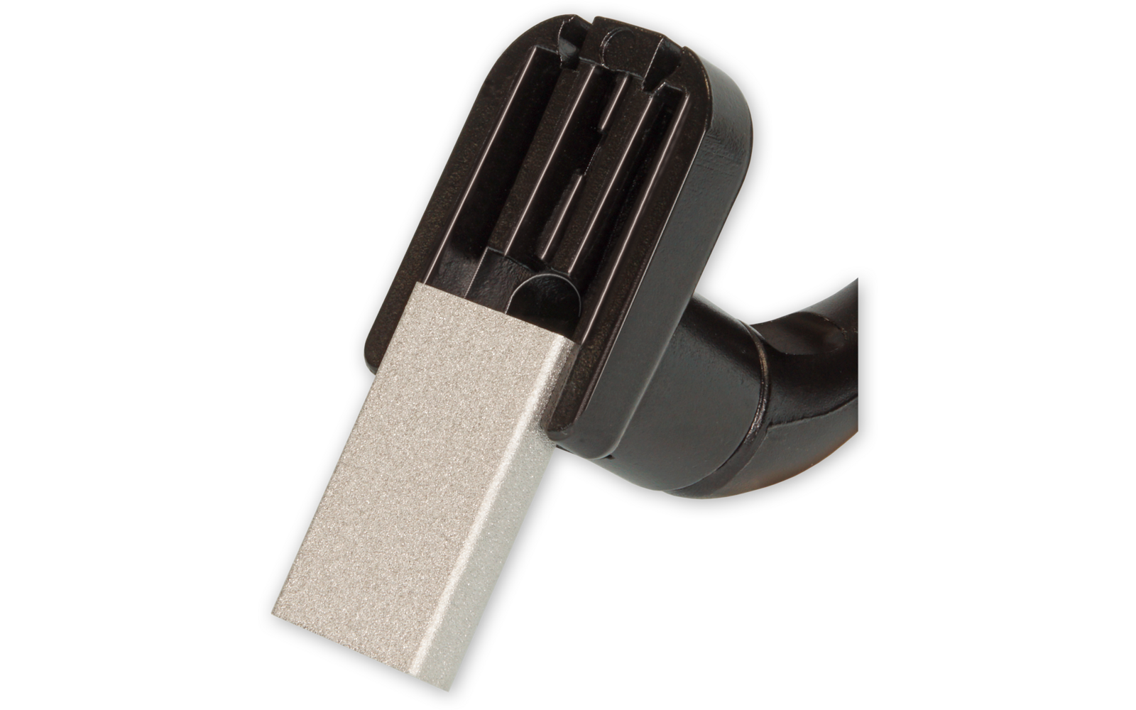 Schwarzer Kunststoffaufsatz mit flachem silbernem Metallteil