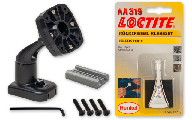 Schwarze Kunststoffhalterung mit Gelenk, silberne Metallplatte, vier schwarze Schrauben, ein Inbusschlüssel und ein in gelb-weißem Blister verpacktes Tube Loctite-Klebstoff mit Henkel-Logo