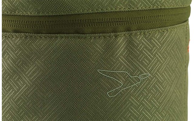 Tejido verde texturizado con una cremallera visible en la parte superior y un logotipo de contorno de ave estilizada en blanco
