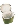Bolsa de tela verde con cremallera, abierta, forro interior blanco visible, vacía