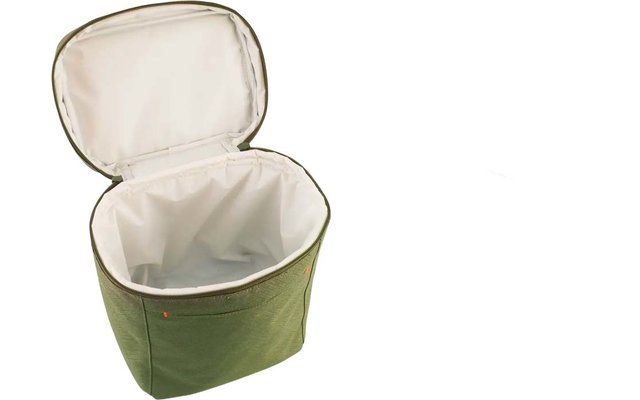 Bolsa de tela verde con cremallera, abierta, forro interior blanco visible, vacía