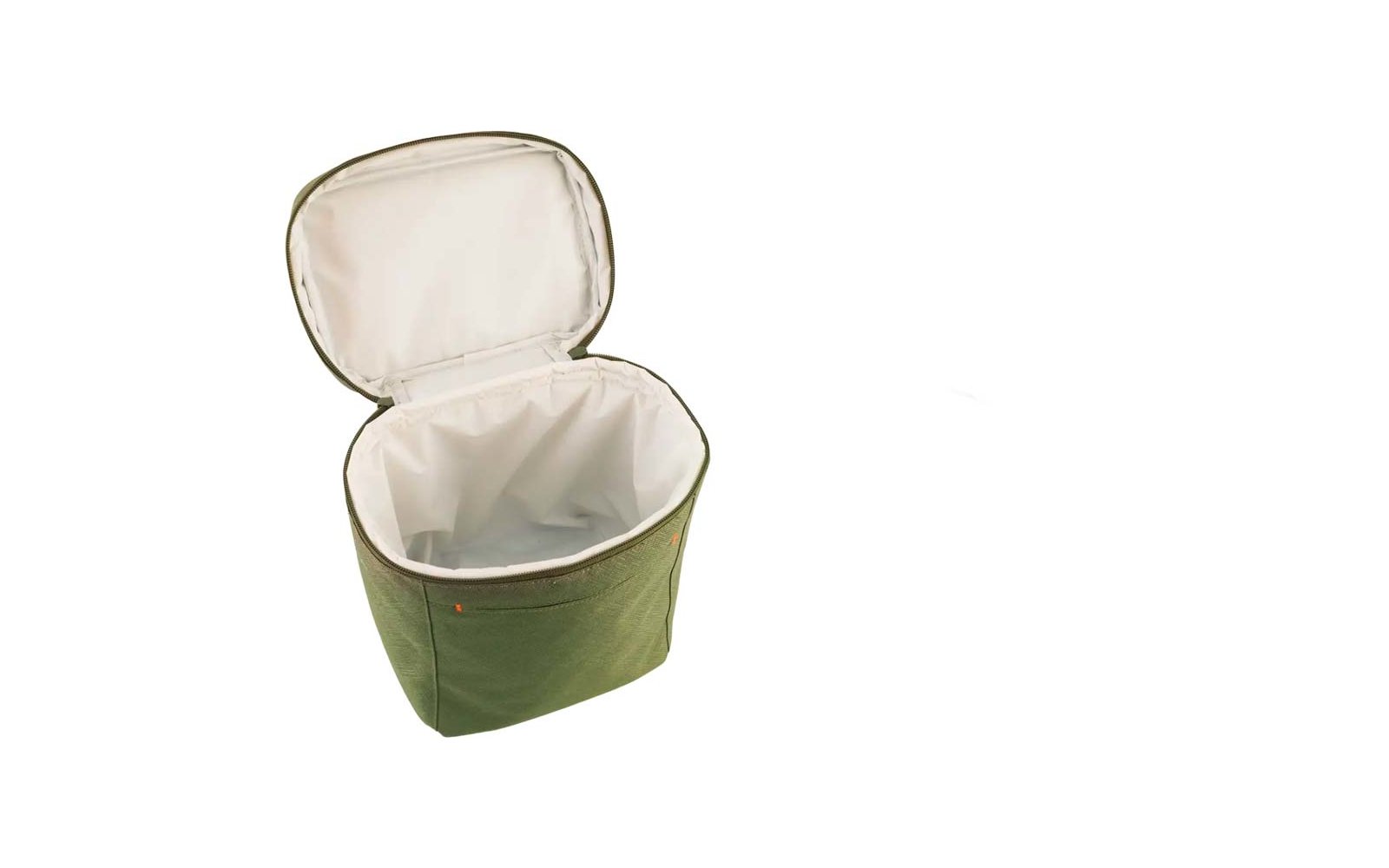 Bolsa de tela verde con cremallera, abierta, forro interior blanco visible, vacía