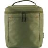 Bolsa rectangular de tela color oliva con asa superior, cremallera horizontal con dos tiradores, patrón fino de rombos y pequeñas costuras naranjas en el frontal