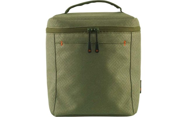 Bolsa rectangular de tela color oliva con asa superior, cremallera horizontal con dos tiradores, patrón fino de rombos y pequeñas costuras naranjas en el frontal