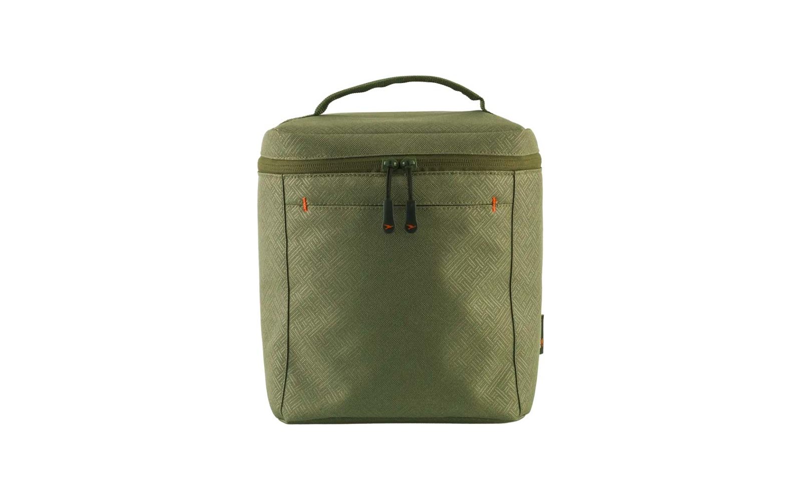 Bolsa rectangular de tela color oliva con asa superior, cremallera horizontal con dos tiradores, patrón fino de rombos y pequeñas costuras naranjas en el frontal