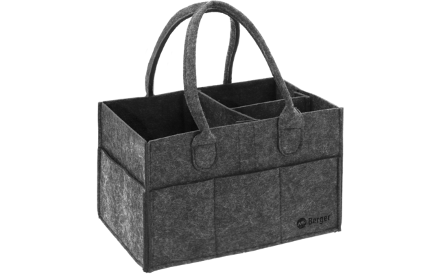 Rechteckige graue Filztasche mit zwei Tragegriffen, mehreren Innenfächern und drei Außentaschen; kleines Logo unten rechts