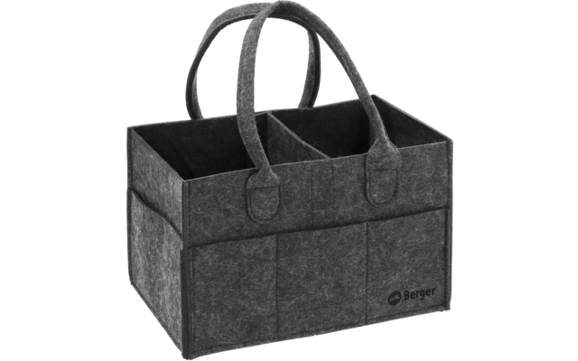 Graue Filztasche mit zwei Henkeln, rechteckig, drei sichtbare Innenfächer, mehrere Außentaschen, Logo "Berger" vorne
