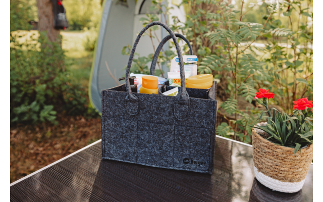 Dunkelgraue Filztasche mit zwei Tragegriffen auf einem glänzenden Tisch, darin mehrere Plastikflaschen mit gelben und orangen Verschlüssen und eine kleine weiß-blaue Schachtel; rechts ein geflochtener Blumentopf mit roten Blüten, im Hintergrund Pflan