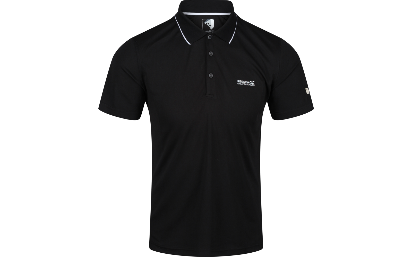 Zwart poloshirt, vooraanzicht, polokraag met drie knopen, witte bies op de kraag, wit logo op de linkerborst, klein label aan de linkermouw, witte achtergrond