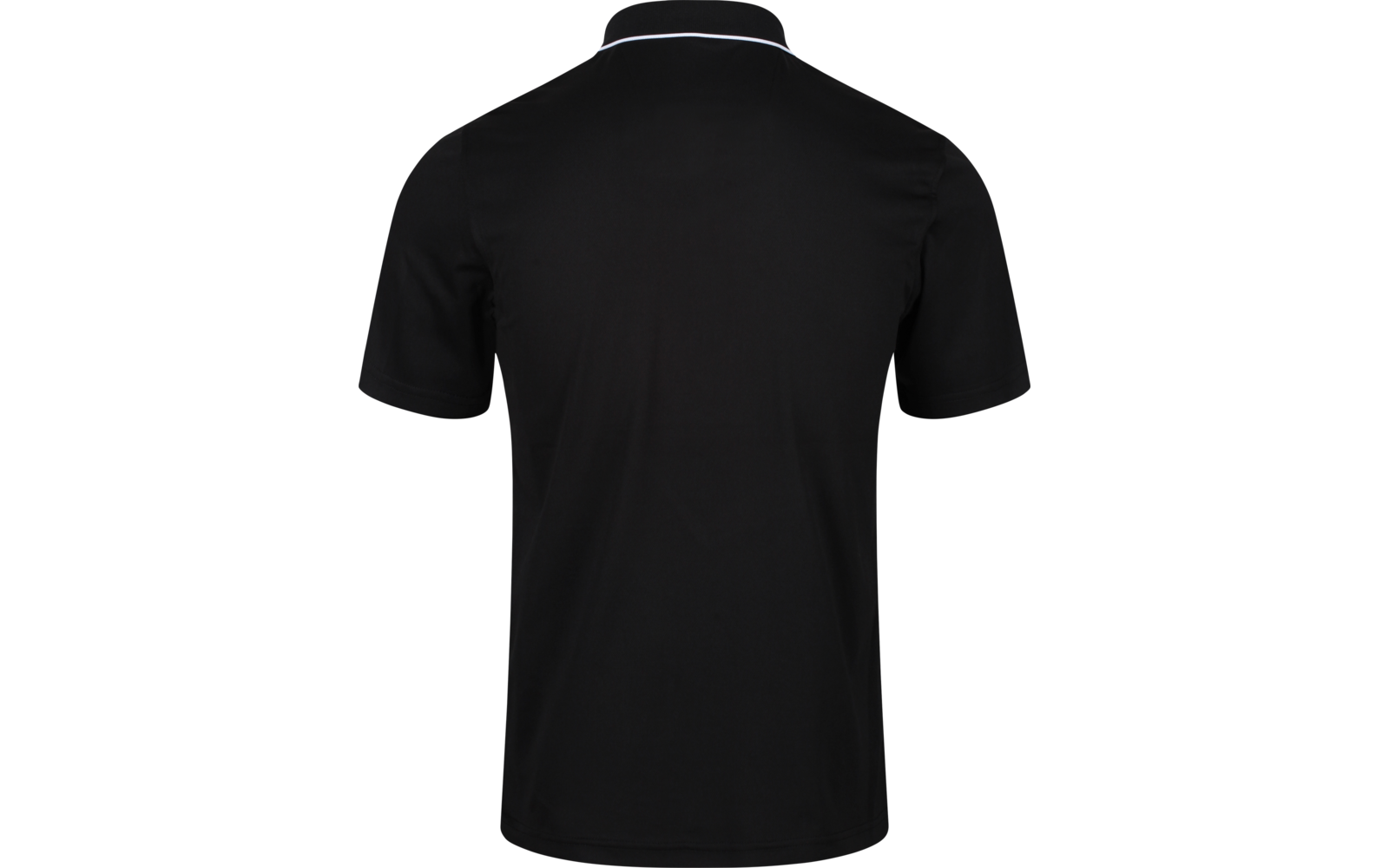 Zwart poloshirt van achteren, korte mouwen, wit streepje aan de kraag, effen