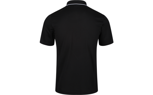 Schwarzes Polohemd, Rückenansicht, kurze Ärmel, weißer Streifen am Kragen, ohne Muster