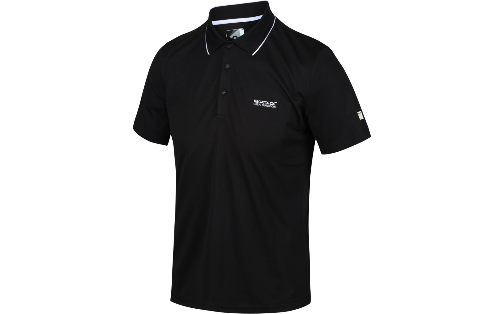 Schwarzes Polohemd mit kurzen Ärmeln, weißer Paspel am Kragen, drei Knöpfe und kleines weißes Logo auf der linken Brust