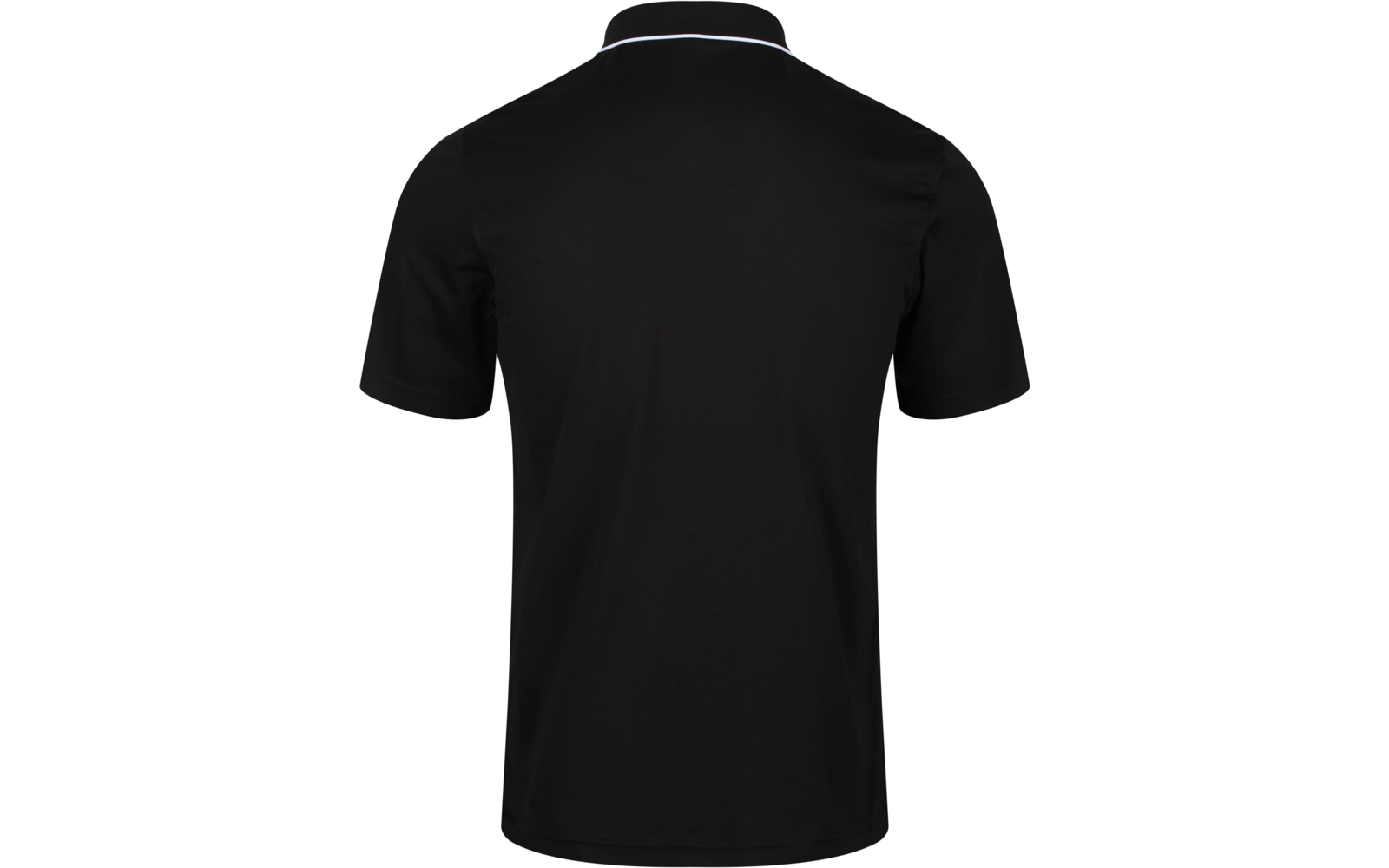 Schwarzes Polohemd, Rückenansicht, kurze Ärmel, weißer Streifen am Kragen, ohne Muster