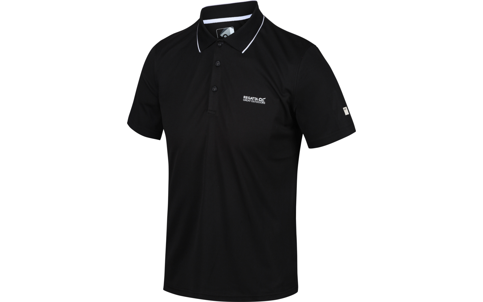 Zwart poloshirt met korte mouwen, witte bies op de kraag, drie knopen en klein wit logo op de linkerborst