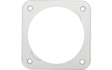 Witte vierkante afdekking met een ronde zwarte opening in het midden en vier bevestigingsschroeven in de hoeken