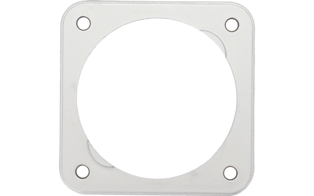 Witte vierkante afdekking met een ronde zwarte opening in het midden en vier bevestigingsschroeven in de hoeken