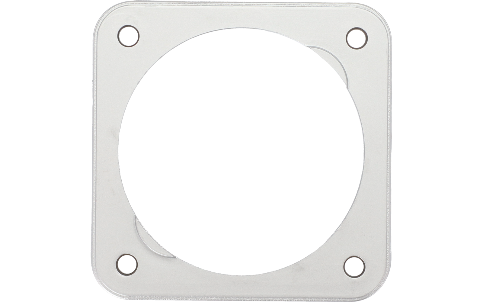 Witte vierkante afdekking met een ronde zwarte opening in het midden en vier bevestigingsschroeven in de hoeken