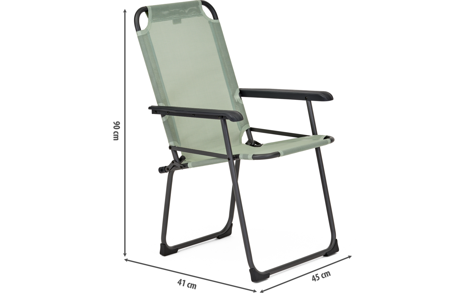 Grüner Klappstuhl mit schwarzem Metallrahmen und Armlehnen