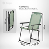 Chaise pliante verte avec structure métallique noire et accoudoirs sur fond blanc ; vignette à gauche montrant la chaise pliée ; étiquettes de mesure orange '115 cm', '113 cm', '47 cm', '41 cm' ; logo 'Berger' en haut à gauche et texte 'Kompakt. Stabil. Komfortabel.'