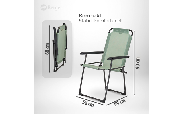 Chaise pliante verte avec structure métallique noire et accoudoirs sur fond blanc ; vignette à gauche montrant la chaise pliée ; étiquettes de mesure orange '115 cm', '113 cm', '47 cm', '41 cm' ; logo 'Berger' en haut à gauche et texte 'Kompakt. Stabil. Komfortabel.'