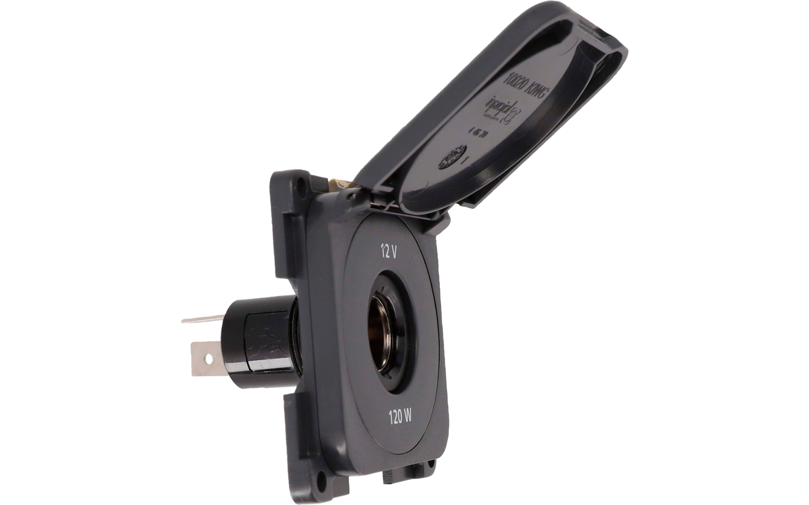 Presa nera con coperchio a cerniera aperto, con scritta '12 V' e '120 W', contatti metallici e piastra di montaggio