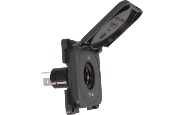 Obiettivo della fotocamera nero con copertura a ribalta aperta