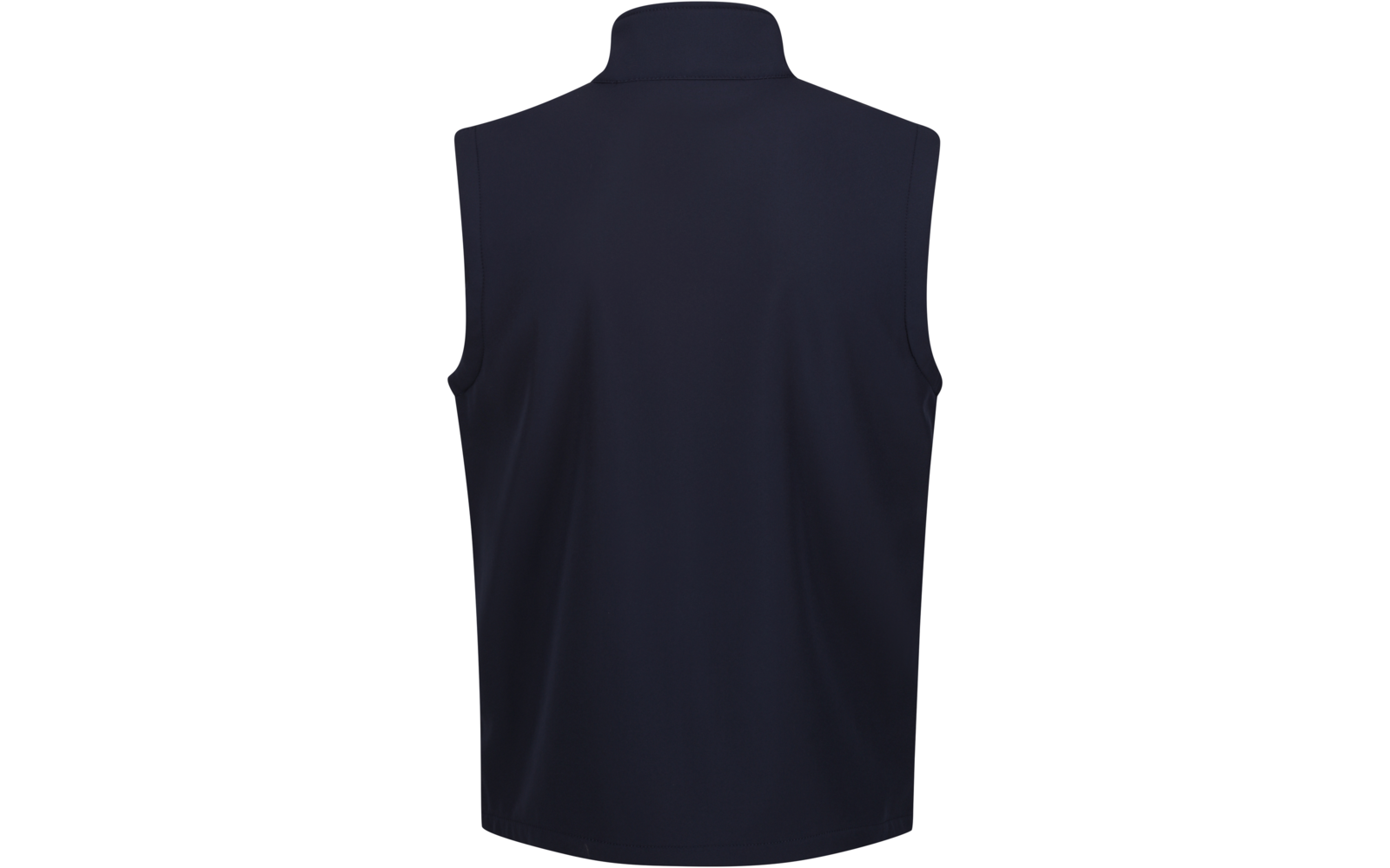 Rückansicht einer dunkelblauen, ärmellosen Weste mit hohem Stehkragen vor hellem Hintergrund