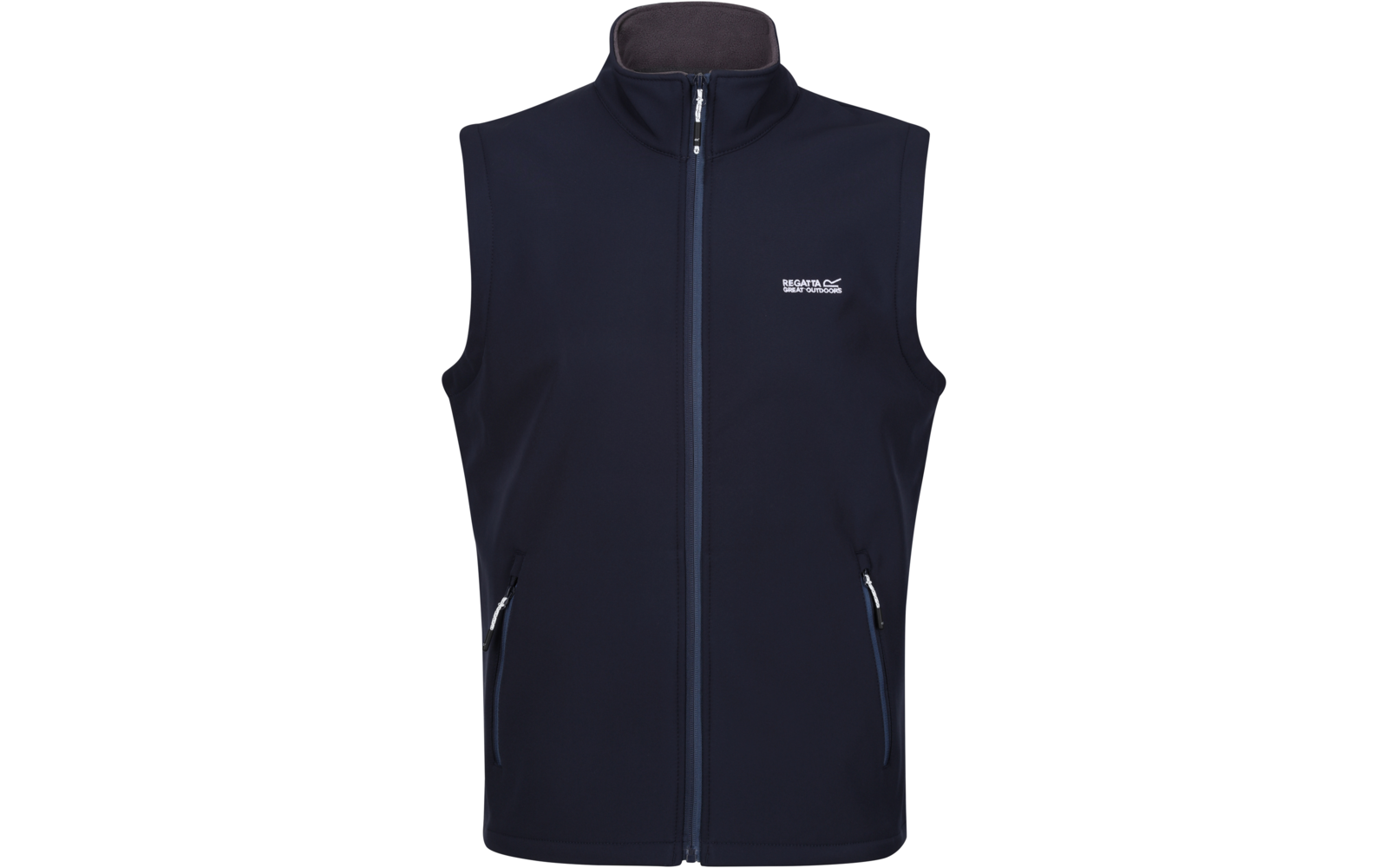 Dunkelblaue ärmellose Weste mit Stehkragen, durchgehendem Frontreißverschluss, zwei seitlichen Reißverschlusstaschen und kleinem weißen Logodruck auf der linken Brust vor weißem Hintergrund
