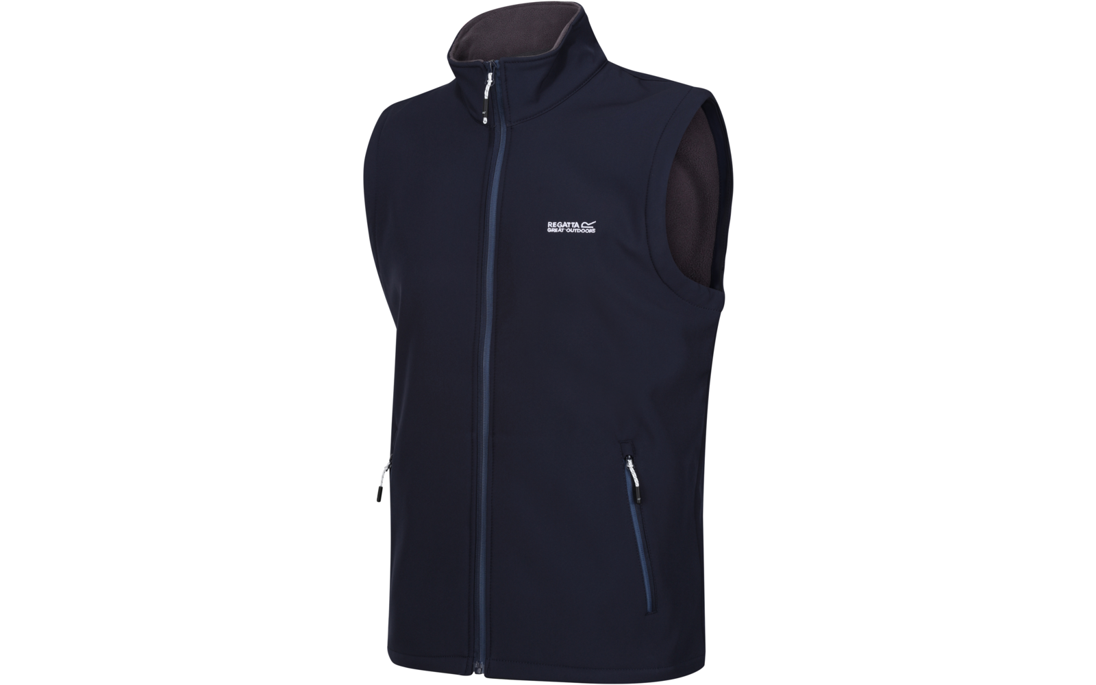 Dunkelblaue ärmellose Softshell-Weste mit durchgehendem Reißverschluss, zwei Reißverschlusstaschen und kleinem weißen Logo auf der Brust